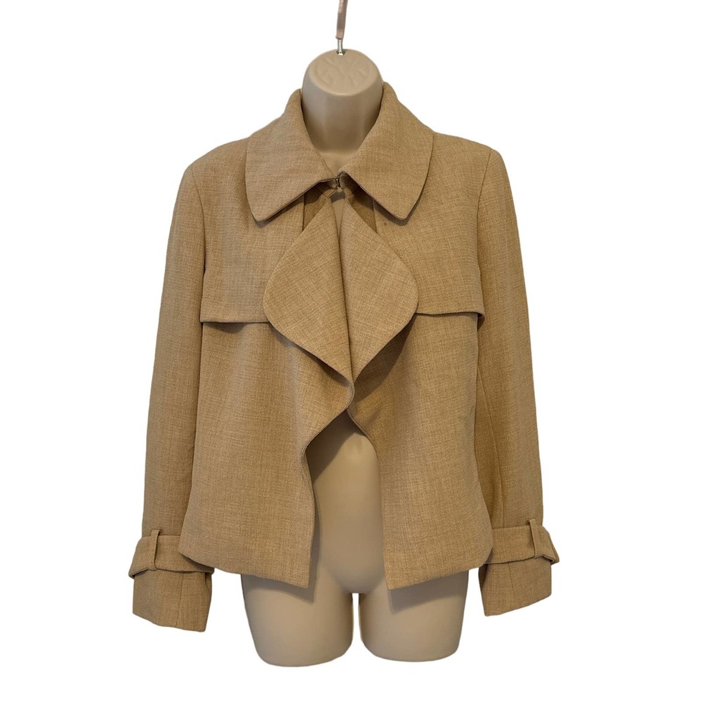 Ann Klein Tan Open Front Drape Neck Blazer with Belted Cuffs Size 10 Pre-owned